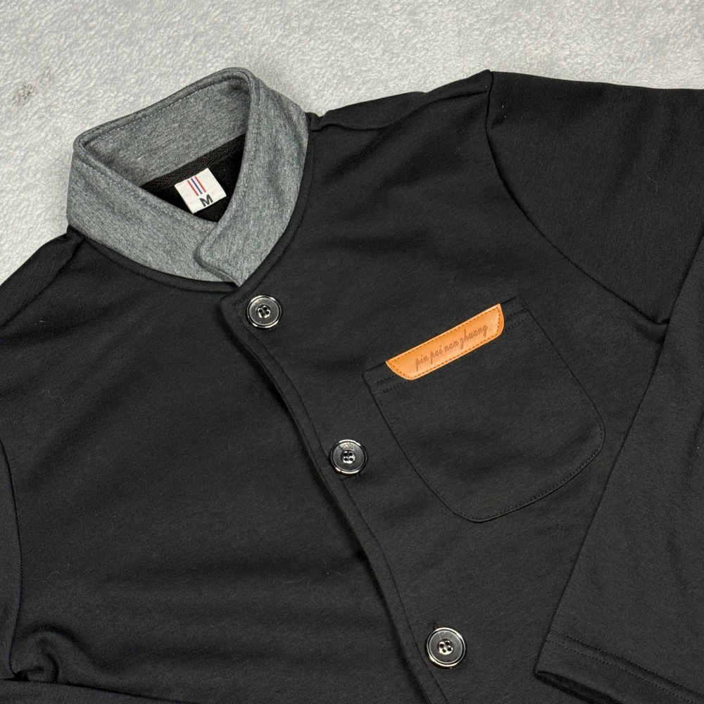 Pin Pai Nan Zhuang Button Up Jacket Mens M Black Grey Mandarin Collar Pocket